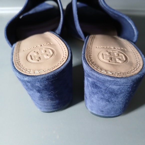 Tory Burch blue velvet block heel peep toe shoes size 7.5 - Picture 7 of 15